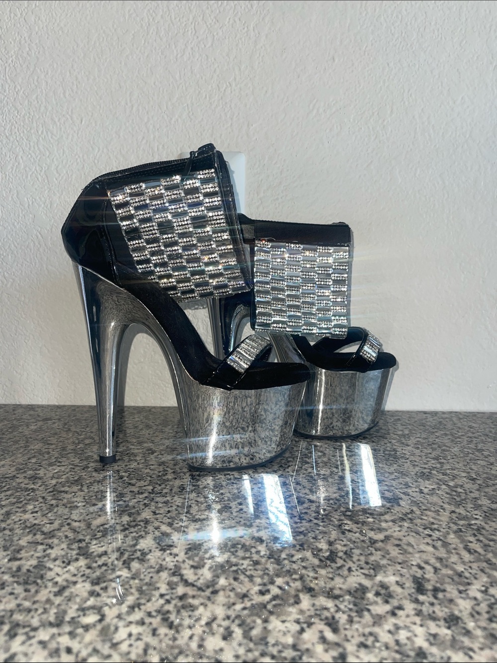 Pleaser Black and Silver High Platform Rhinestone Ankle Strap Heels